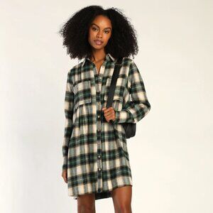 Lulus Green Plaid Long Sleeve Shirt Mini Dress - NWOT Size S